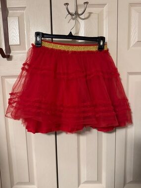 Mini Boden Red Tulle Ruffle Mini Skirt with Gold Waistband size 9-10